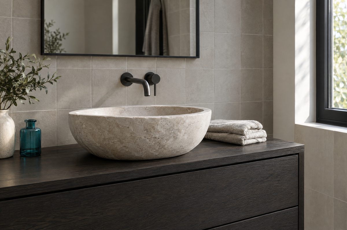 Bagno fotografato con asciugamani piegati e piano libero, senza oggetti personali