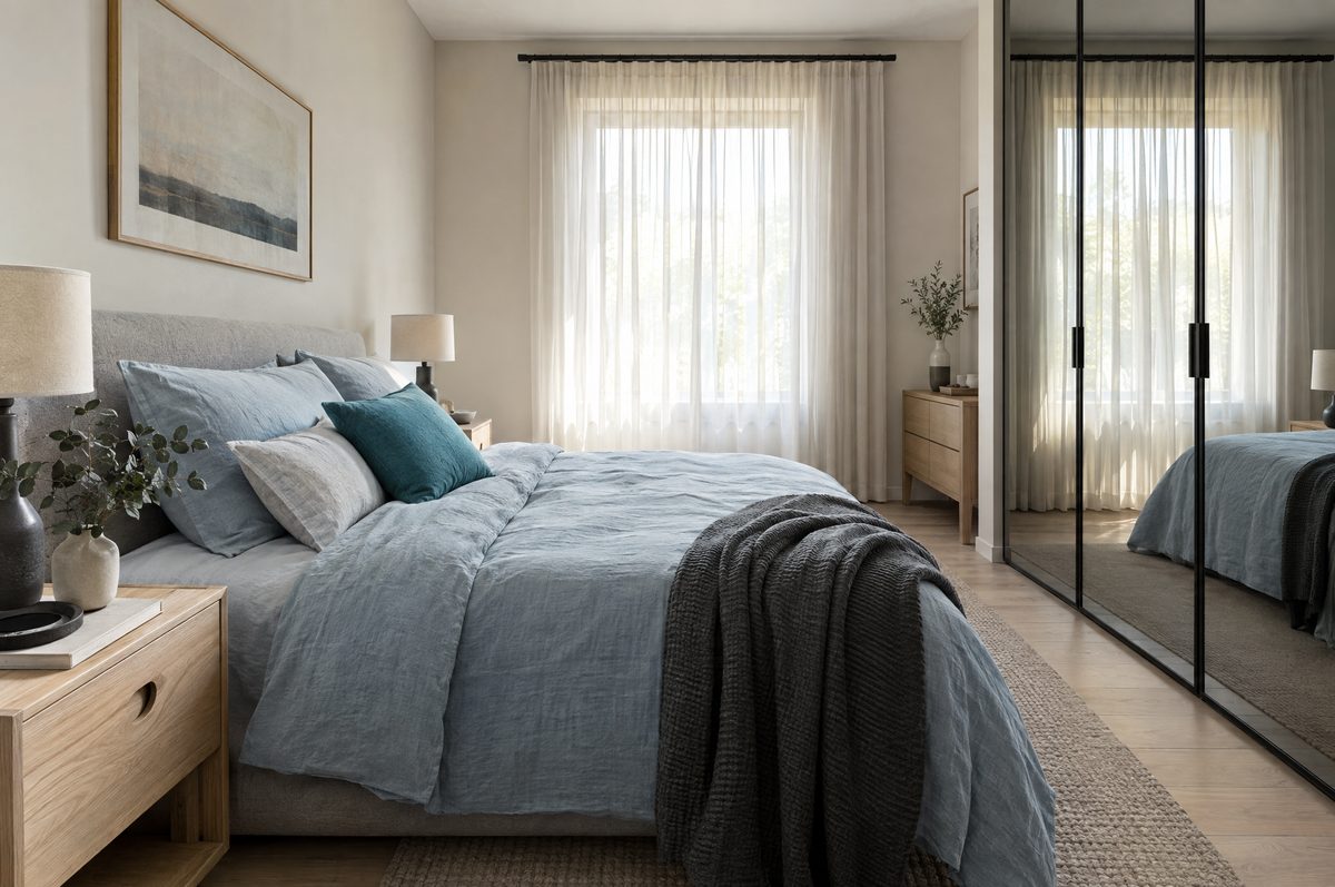 Camera da letto preparata per il servizio fotografico: letto rifatto, tessuti azzurri, legno chiaro