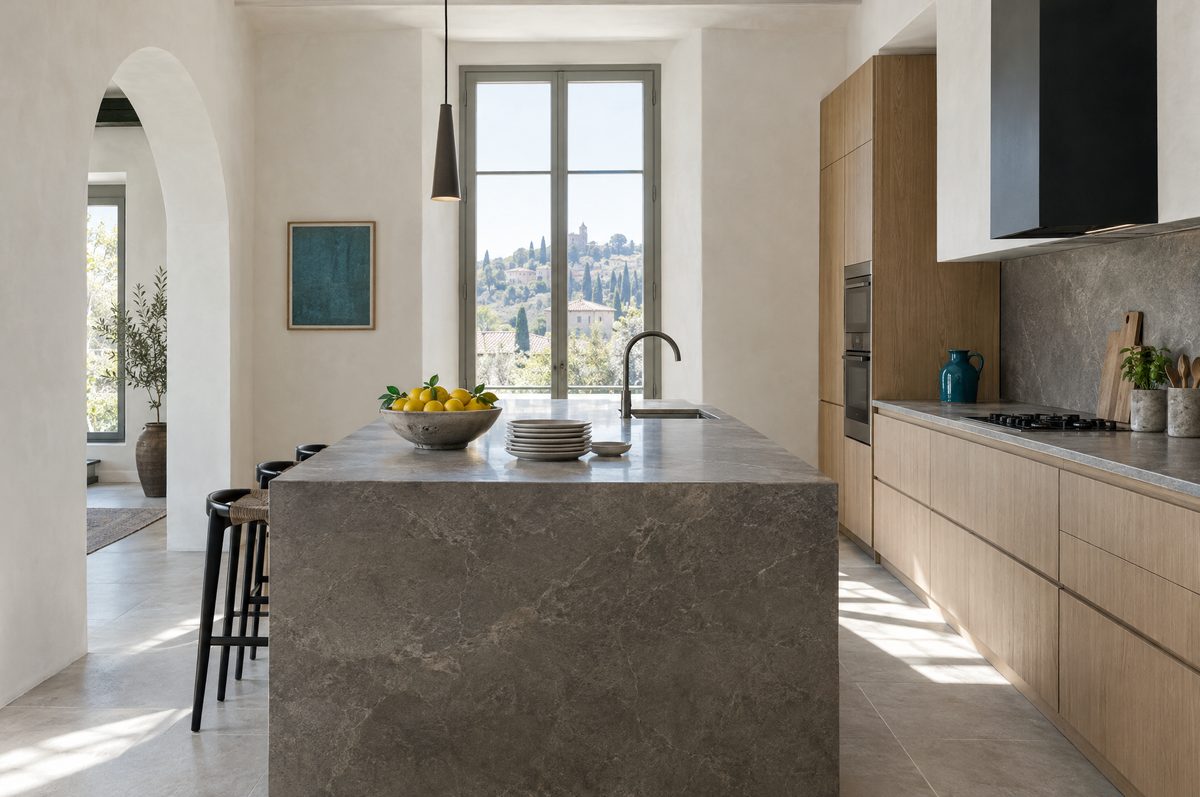 Fotografia di interni a Roma: cucina con isola in pietra, pronta per un annuncio di affitto breve