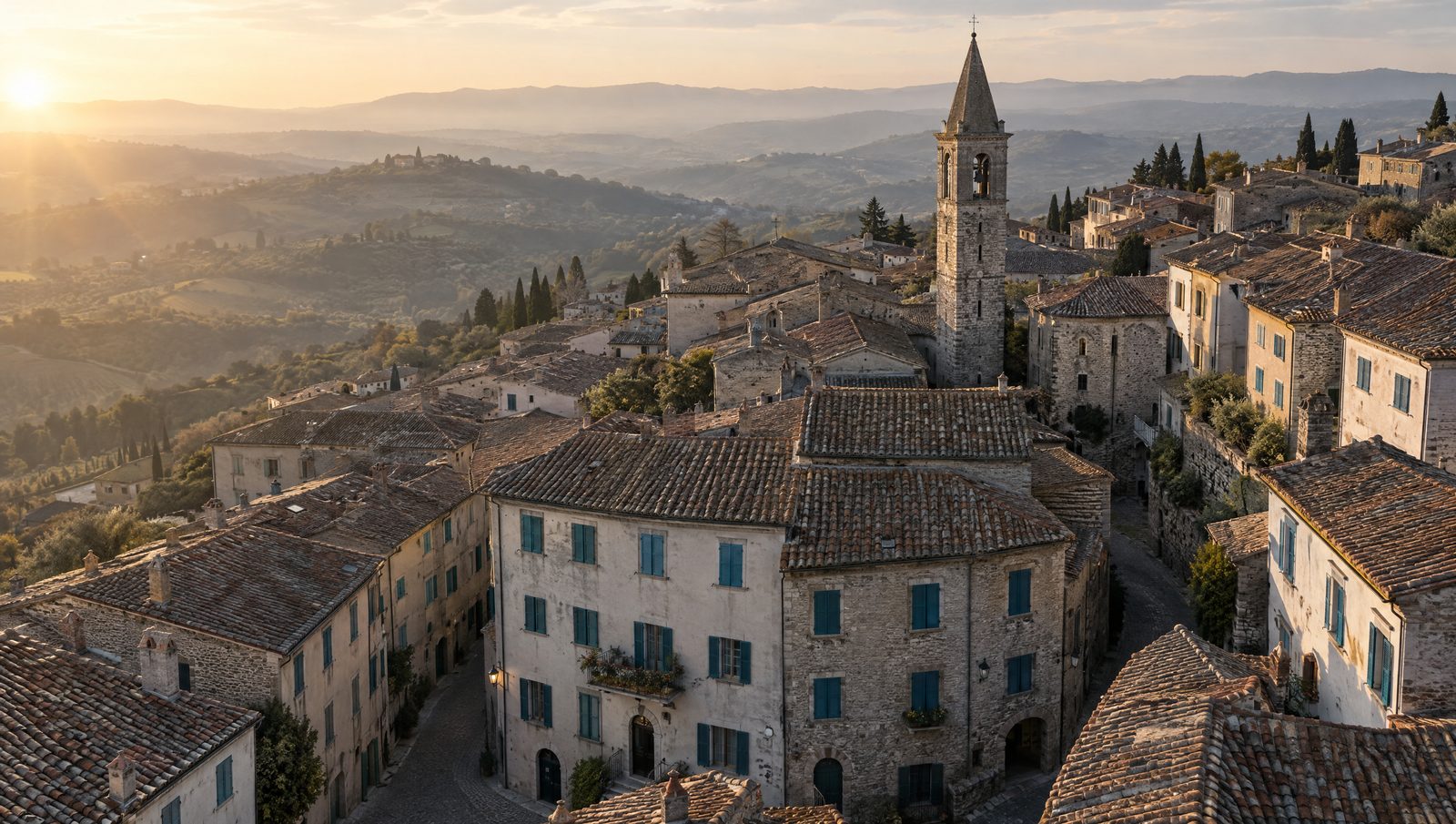 Veduta aerea di un centro storico con tetti in laterizio e luce radente