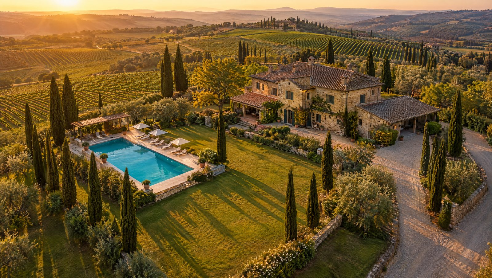 Ripresa con drone a Roma e nel Lazio: villa con piscina e giardino nell'ora d'oro