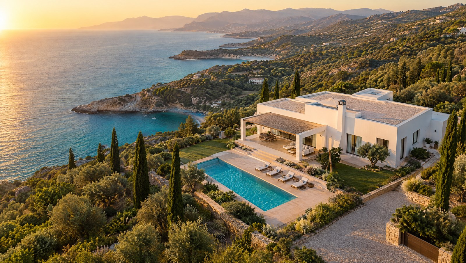 Ripresa aerea di una villa sul mare con piscina, giardino e costa sullo sfondo